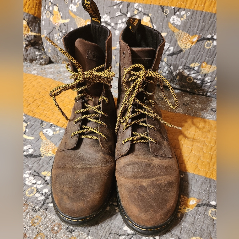 Dr. Martens Dark Brown Combs Boots with Yellow Laces